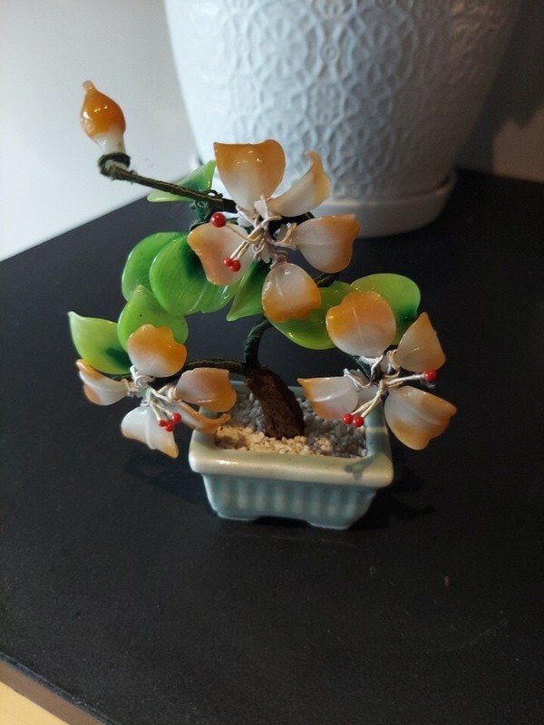 Vintage Mini Floral Bonsai Tree with Glass Petals & Leaves 4" Tall