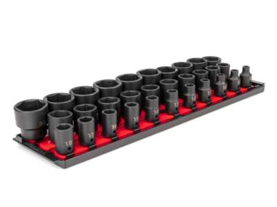Tekton 1/2 Inch Drive 6 Point. Impact Socket Set On Rails, 31 Pieces (8-38 Mm)