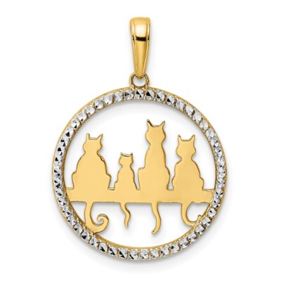 Anhänger 14 Karat Gelbgold & weißes Rhodium glänzend geschliffen Katzen sitzend auf Bank