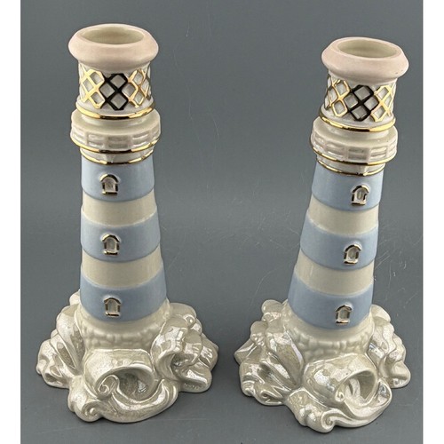 Lenox Seaside Lighthouse Candlesticks Pair 2003 Coastal Nautical Decor 7"