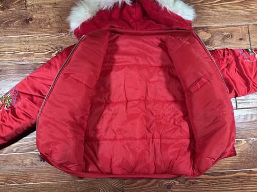 Vintage Korea Dragon Embroidered Sukajan Jacket Removable Hood Sz Large Red 80s - Picture 16 of 17