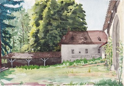 Hinterhof Bauernhof backyard farm Aquarell watercolor drawing dessin 1900