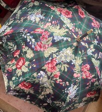 Vintage 80  s Ralph Lauren Blue  Green Tartan Flowered Doorman  s Hook Umbrella
