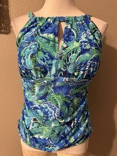 Ralph Lauren Swimsuit Tankini Top 16W Blue Green White Paisley Push Up One Piece