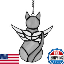 FLUFFYCAPTAIN Stained Glass Grey Angel Cat Suncatcher Pet Memorial Handcrafted