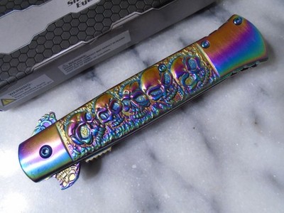 Snake Eye Assisted Open Vibrant Skulls Stiletto Pocket Knife Dagger SE-1022RB