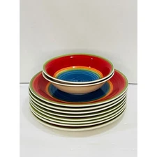 Royal Norfolk rainbow plate bowl set Mambo Swirl blue center Primary colors 10"