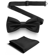 Black Men's Pre-Tied Bow Tie  Pocket Square Set - Elegant Formal 001-black