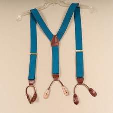 Vintage Suspenders Teal Blue Stretch Leather Button On Style Adjustable USA