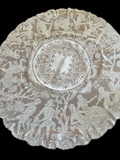 ANTIQUE LACE- C. 1880-1900, ROUND 52  ITALIAN TABLECLOTH WITH PRIMAVERA SCENES