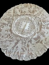 ANTIQUE LACE- C. 1880-1900, ROUND 52” ITALIAN TABLECLOTH WITH PRIMAVERA SCENES