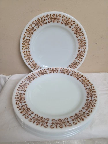 Pyrex Corning Copper Filigree Milk Glass Dinner Plates - 9" (Set of 6) Vintage