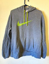 Nike Men's L Gray Pullover Fleece Hoodie Neon Yellow Swoosh Logo Kangaroo Pocket