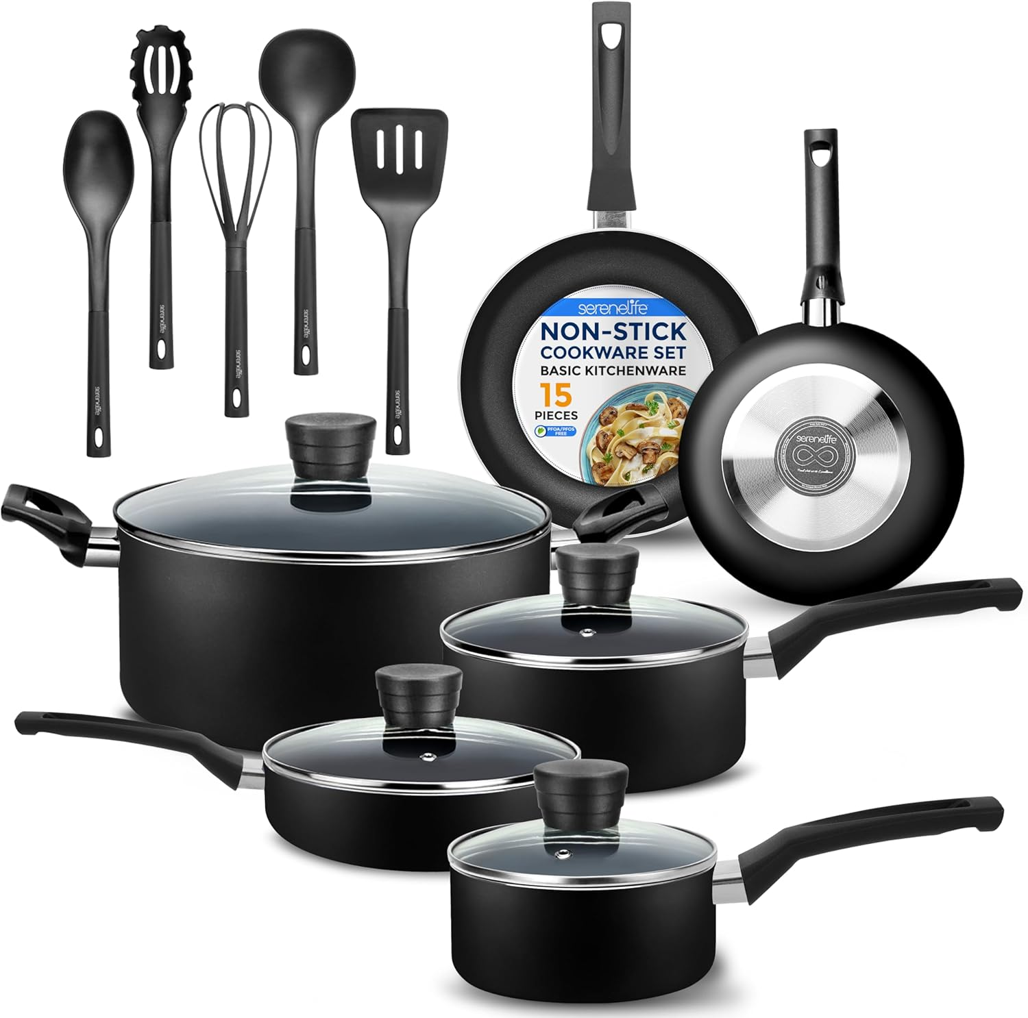 15-15 Piece Non-Stick Cookware Set Black