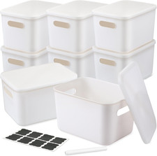 8 Pcs Stackable White Storage Bins with Lids, Handles Labels for Organizing