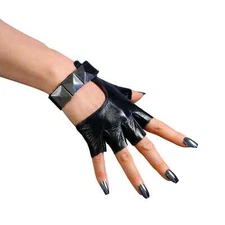 Half Finger Gloves Black Short Wrist REAL LEATHER Fingerless Square Silver Studs
