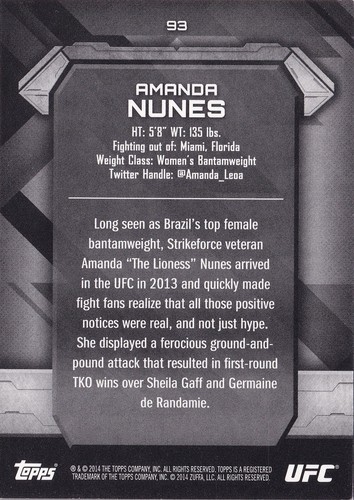 Amanda Nunes 2014 Topps UFC Knockout Green Card #93 #/99 277 269 207 200 215 232 - Picture 2 of 10