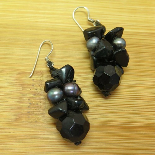 Pendientes colgantes de racimo de perlas y ónix negros de agua dulce plata esterlina 925 11 g - Imagen 2 de 8