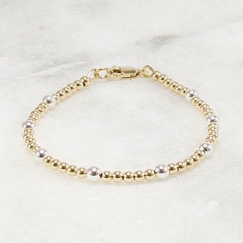 14k Gold Filled and Sterling Silver Bead Bracelet, Mixed Metals, 3mm 4mm - Picture 3 of 6
