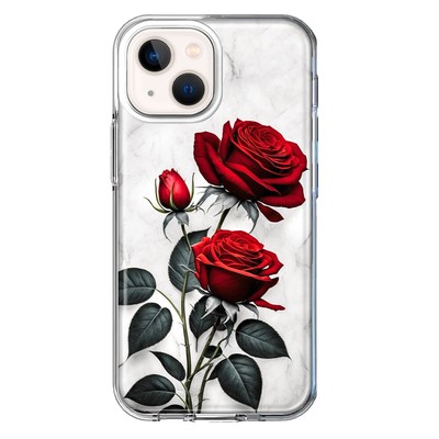 For Apple iPhone 13 Mini Shockproof Hybrid Case, White Marble Red Roses