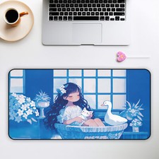 Kawaii Girl and Cat Desk Mat, Blue Aesthetic Mouse Pad, Large Gaming Desk Pad