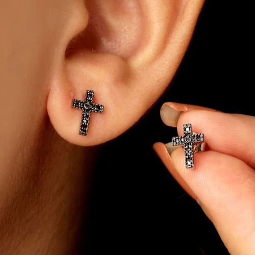 Diamond 1.10Ct Lab Created Round Black Cross Stud Earrings 14K