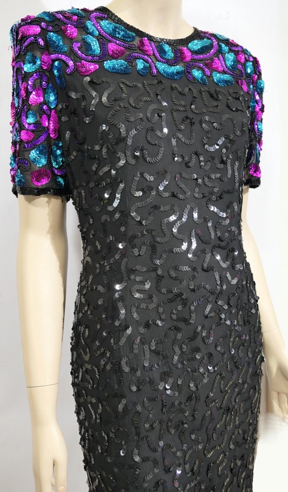 复古 Stenay 真丝连衣裙闪闪发光亮片蓝色粉色 L — 第 2/4 张图片