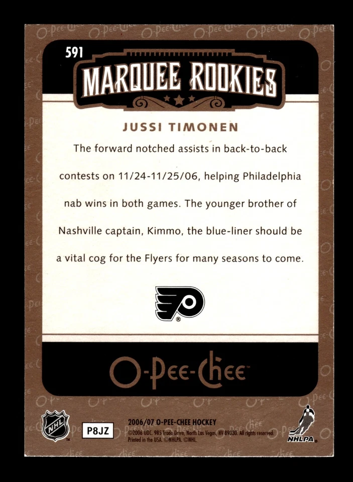 5-01-04 PWE . 2006-07 ud opc o-pee-chee #591 jussi timonen rc rookie - Image 2 of 2