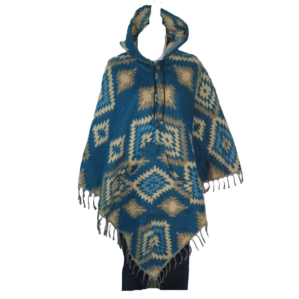 Poncho|2 Botones| Capucha con Cordón+Bolsillo|Boho|Azteca|Mezcla de Lana Yak|1 Talla| Cian Foto 2 de 4
