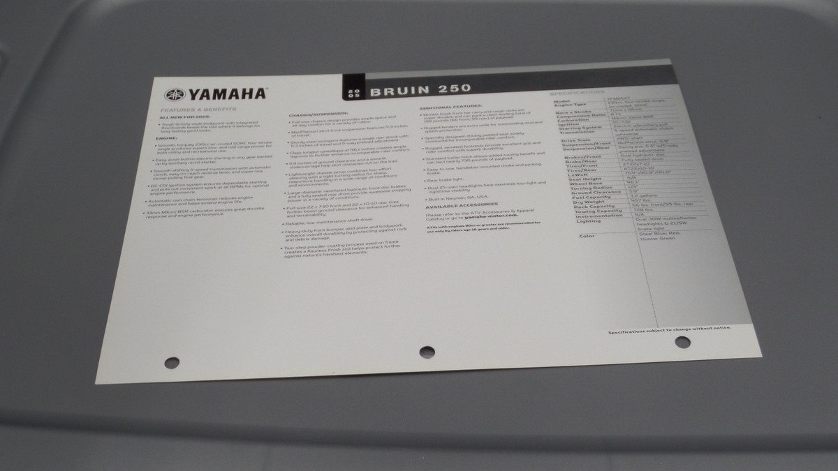 Yamaha 2005 Bruin 250 Dealers Sales Specifications Chart Data