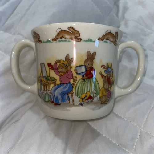 VTG 1936 Royal Doulton Bunnykins Getting Ready Dress-Up Double Handled Mug Cup
