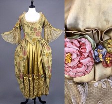 Antique 1910s Floral Lam  Gold Silk Rococo Style Gown Silk Ribbon Flowers, Thurn
