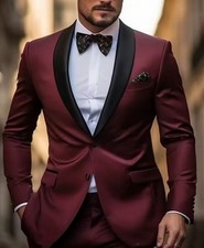 Men Burgundy Slim Fit Shawl Lapel Blazer Tuxedo Wedding Groom Prom 2 Piece Suit
