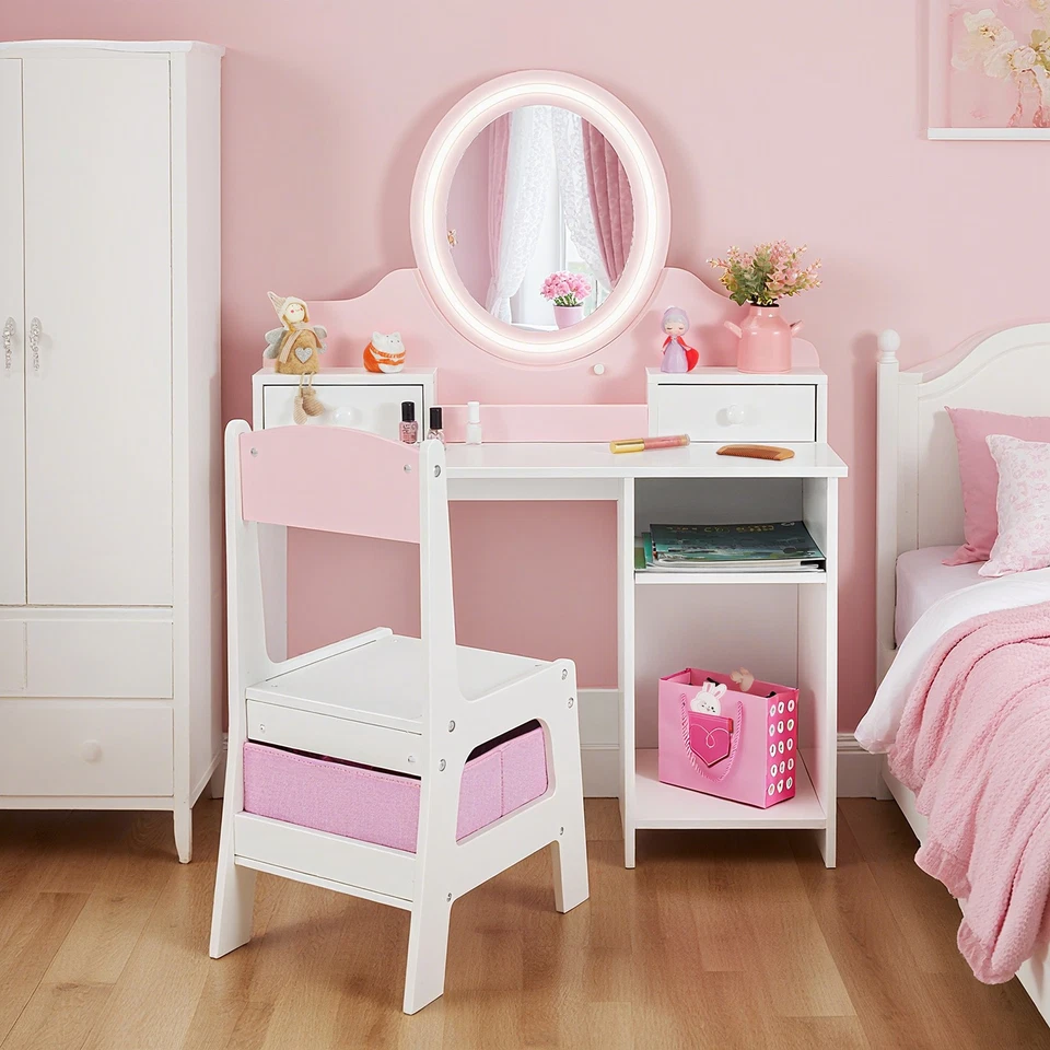 Juego de sillas tocador rosa para niños niñas regalo maquillaje tocador espejo, luces, 2 cajones Foto 2 de 4