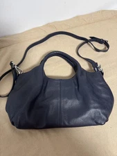 Iswee Leather Satchel Shoulder Bag Womens Navy Blue Crossbody Zip Top Pebbled