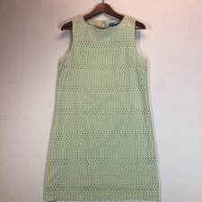 Buttons Eyelet Shift Dress Women's Medium Soft Green Sleeveless Scalloped Hem