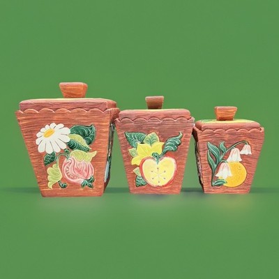3 Ceramic Hobbyist Canisters Flour Sugar Tea Wood Grain Vintage 1957 Cottagecore