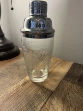 Vintage Art Deco Cocktail Shaker Etched Glass Stainless Steel Top