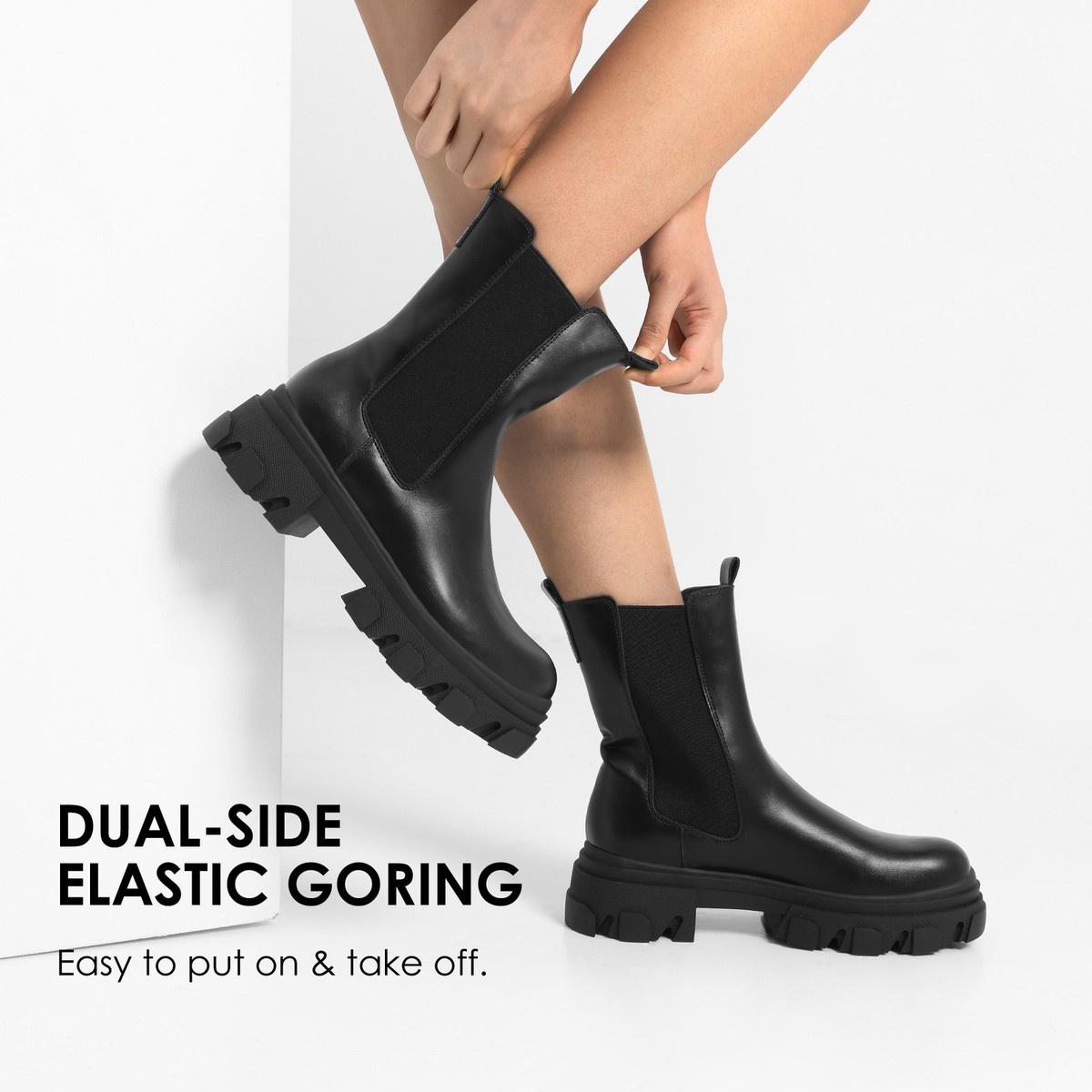 Genuine Leather Chunky Platform Chelsea Dress Boots Lug Sole Slip-On Ankle Boots New Women Pull-On Chelsea Ankle Boot Booties Block Chunky  main image 2