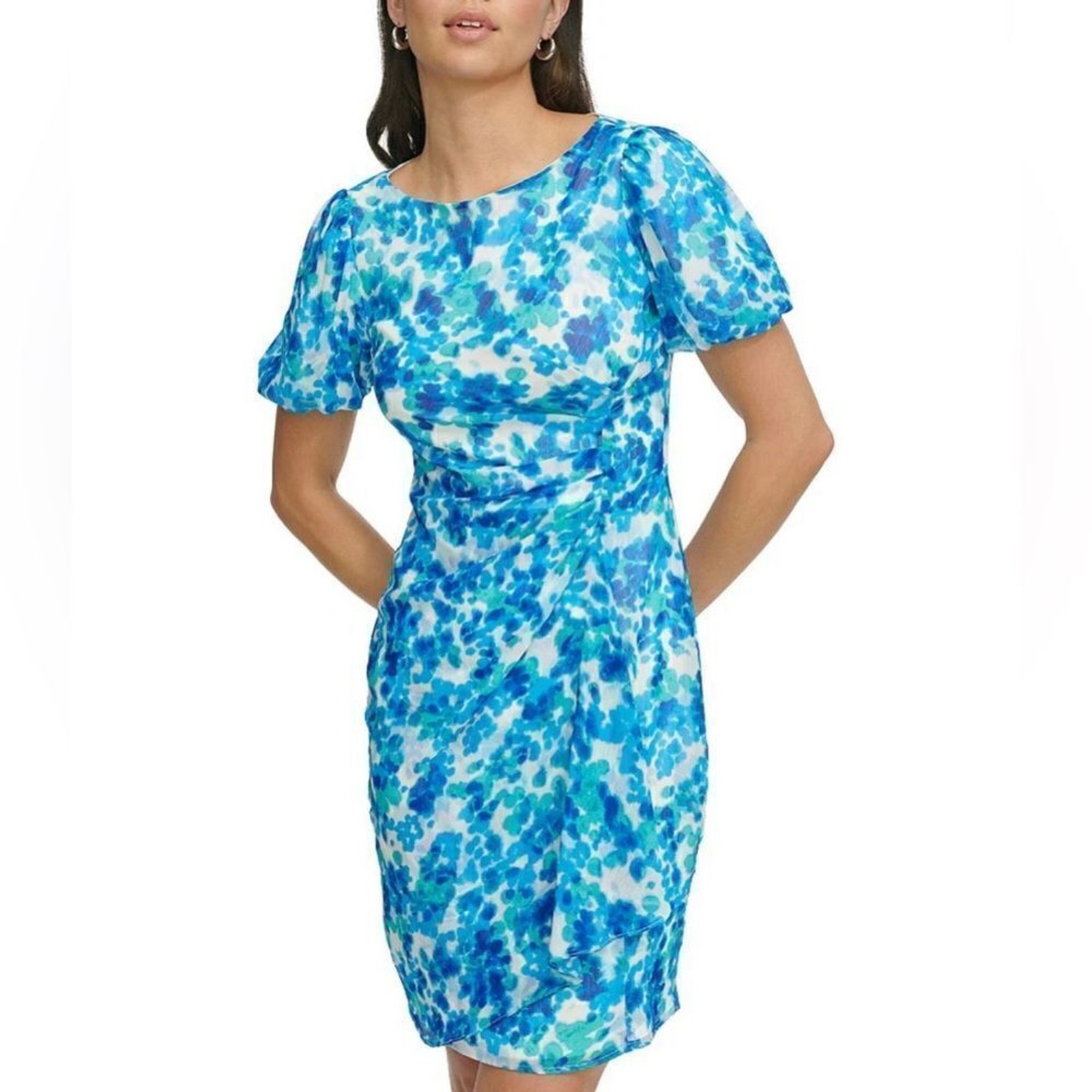 DKNY Chiffon Boat Neck Mini Puff Sleeve Drape Sheath Dress Size 16 image 2