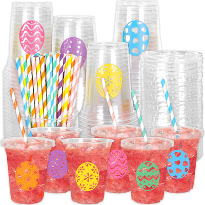 Whaline 60Pcs Easter Disposable Plastic Cups Lids And Straws 12Oz Colorful Egg