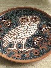 Bonis Pottery Terracotta Owl Plate signed Rhodes Greece Studio Handmade 7 Inches
