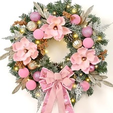 Pink Christmas Wreath for Front Door, 22 Inch Pink Magnolia Wreath, 1 Pc