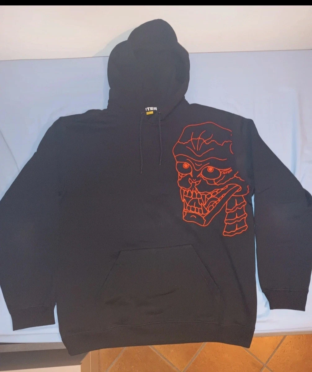 Black zip-up skull hoodie with skull designs in... - Depop
