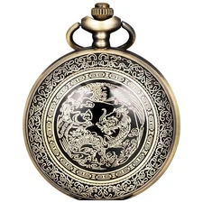 Pocket Watch for Men Women Black Silver Dragon and Phoenix Quartz 1. Bronze