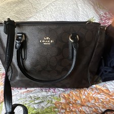 Coach Signature Logo Black Zip Satchel Top Handle Bag Gold Hardware Detach Strap