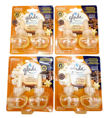 (4) Glade Plugins Refills Amber & Oud Wood Scented Oil 2-Packs w/ Essential Oils