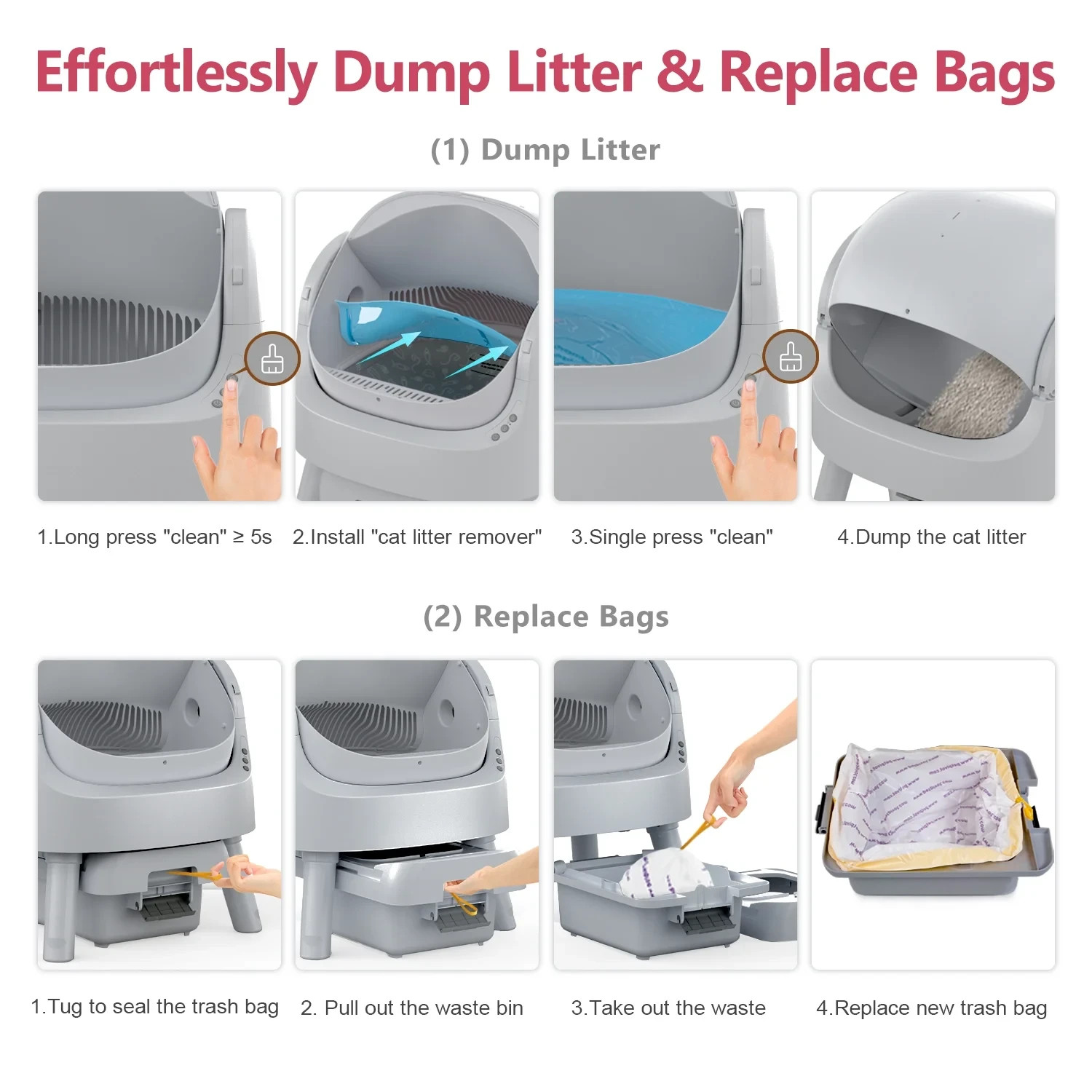Open-top self-cleaning cat litter box for multiple cats with trash bags and  mat
