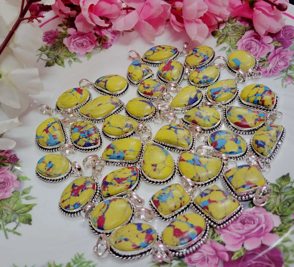 Colgante de piedras preciosas de jaspe de mosaico sintético / Lote de colgantes étnicos hechos a mano de diseñador ~ Foto 3 de 4