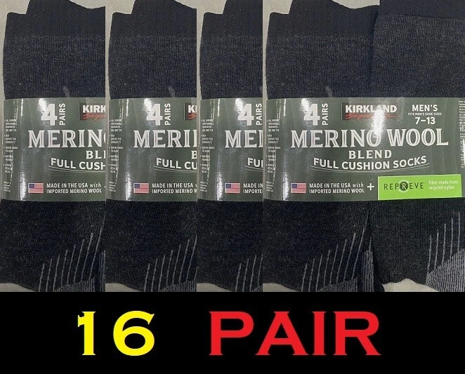 Kirkland Signature Men's Merino Wool Blend Socks 7-13 Shoe Size 16 PAIR